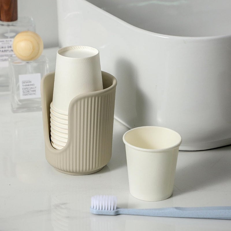 Dobbyby Ceramic Bathroom Cup Dispenser with Stylish Vertical Stripes - Disposable Mouthwash Cup Holder Holds 3-4oz Paper Cups for Rinsing Cups on Bathroom Vanity Countertops (Matte Beige) - Image 5
